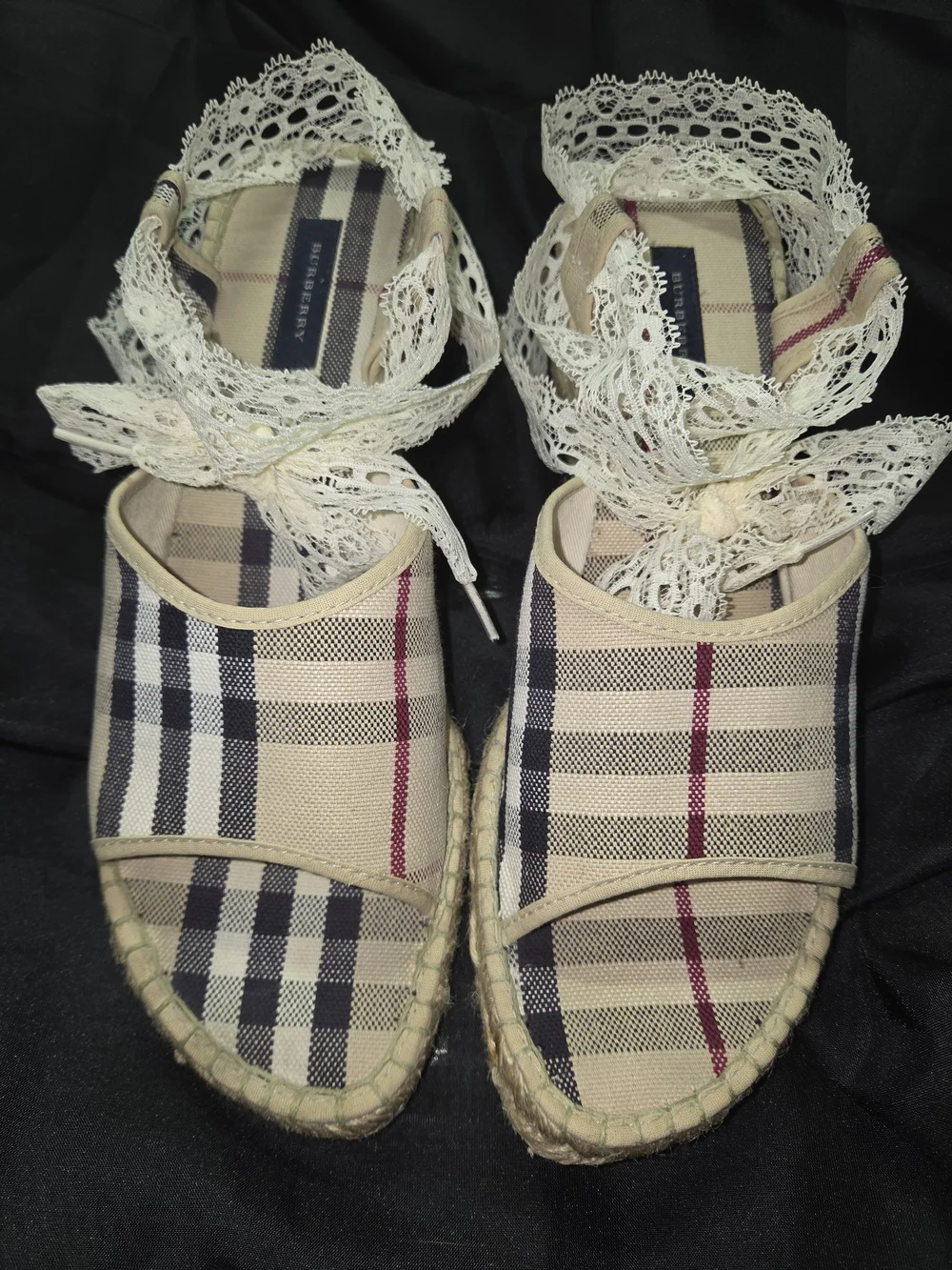 Burberry Beige Plaid Lace-Up Espadrille Sandals